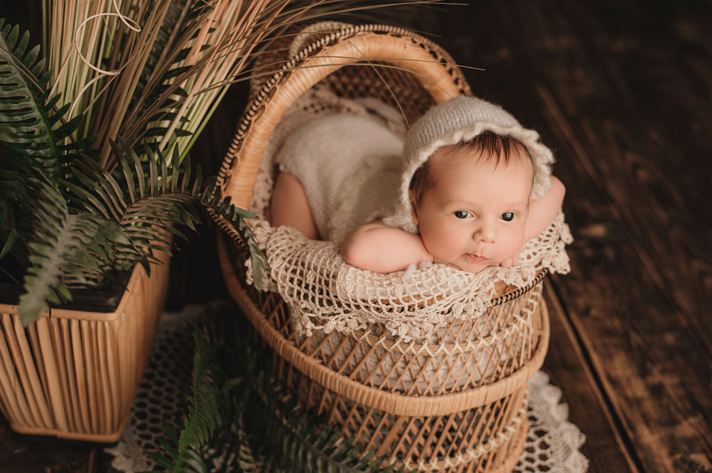 newborn baby in a bassinet in neutral clothing